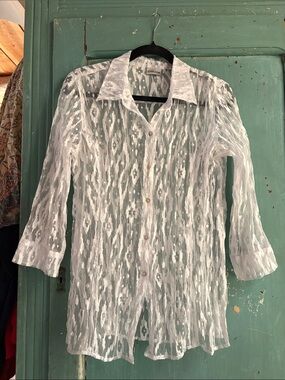 Chico's Sheer White Ikat-Pattern Button-Down Shirt